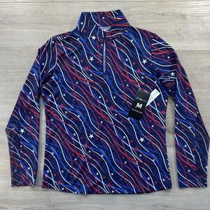 NWT IBKUL 1/4 Zip Shirt Womens M Patriotic Confetti Long Sleeve Golf Mock Neck